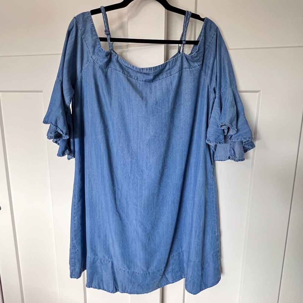 Off The Shoulder Chambray Shift Dress with Adjustable Straps
